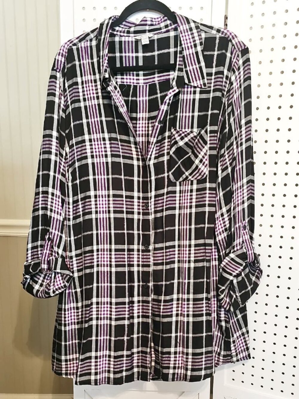NWT Plus Size 26/28 Cato Black & Purple Plaid Button Down Roll-Tab Sleeve Shirt